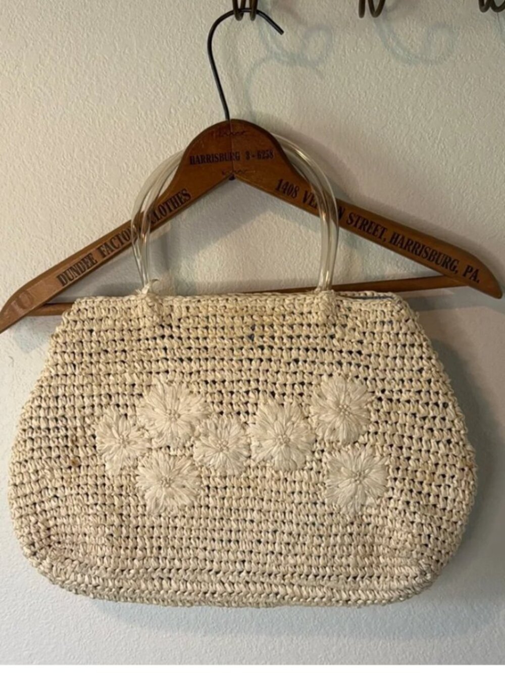 Vintage Woven Floral Crochet Tote Bag in Cream